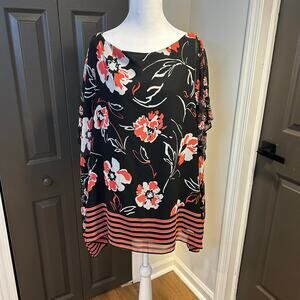 Calvin Klein 1X floral & striped sheer flowy cape sleeved top Bloomcore NWT